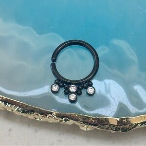 Black Titanium PVD Clear Gems Split Ring for Septum Piercings Daith Hoop 16g
